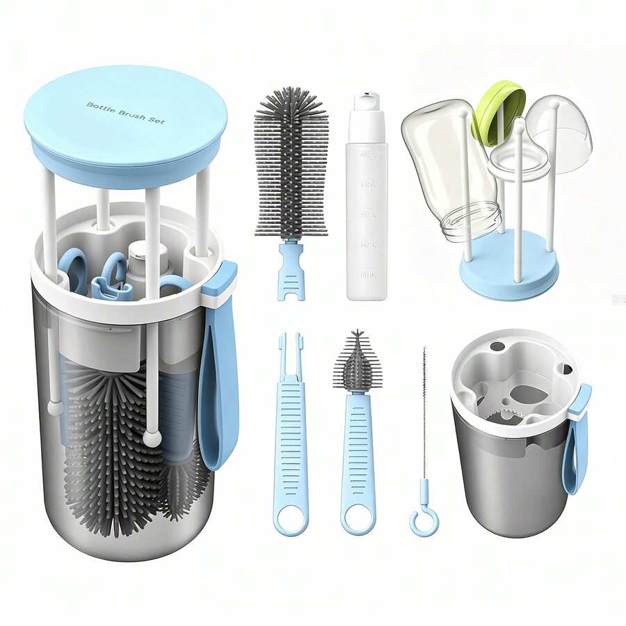 1 Set Portable Silicone Baby Bottle Brush Kit With Nipple Brush, Drain Rack, For Outdoor Travel Use