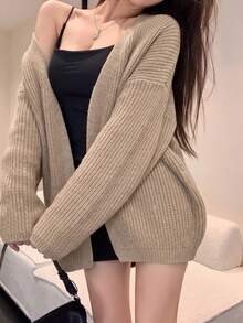 Jaket Sweater Luar Ruangan Longgar Berkerah Terbuka Model Slouchy Terbaru untuk Musim Gugur/Dingin - Khaki - View 5