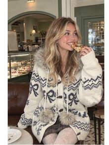 New Autumn/Winter Women's Casual Minimalist Slouchy Hooded Knit Cardigan Sweater Jacket - Khaki - View 4
