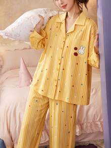 Gongdie 2pcs/Set Miffy Women's Pajama Set, Autumn Yellow Polka Dot Soft Cotton Loungewear With Pockets - Yellow - View 2