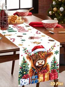 1件 Mooey 聖誕桌旗，印有戴聖誕帽的高地牛圖案聖誕桌布，180*35cm 聚酯纖維桌布，農舍風餐桌中心裝飾，聖誕快樂，聖誕裝飾，聖誕裝飾，聖誕裝飾，聖誕桌飾，廚房餐桌裝飾，節日派對裝飾，冬季家居裝飾，室內外通用 - 彩色 - 查看 3