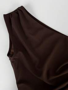 Elegant Women's Sleeveless Formal Long Dress, Asymmetrical Neckline Ruched Satin Fabric, Slim Fit Mermaid Cocktail Dress Party Wedding - Mocha Brown - View 5