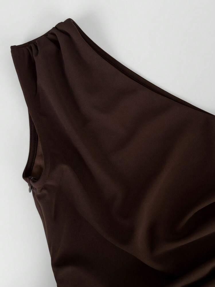 Elegante vestido largo formal sin mangas para mujer, escote asimétrico con tela de satén fruncida, vestido de cóctel de sirena de corte ajustado para fiesta y boda - Marrón Mocha - Añade 6