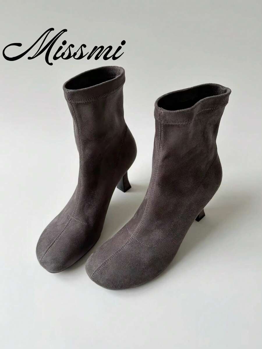 Square Toe Elastic Slim Boots 2025 New Autumn/Winter French Vintage Commute Elegant Fashion Versatile Soft Sole Boots - Grey - View 1