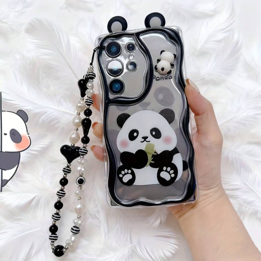 1pc Transparent Bottom 3D Panda Ear Phone Case, Printed With Hugging Bamboo Cartoon Panda Pattern, Soft TPU Material, Wavy Black Edge Full Coverage Phone Case, Comes With Black And White Heart Pearl Beaded Lanyard Accessory, Compatible With Samsung Phones, Fresh Transparent Cute Cartoon Phone Case, Ins Popular Minimalist Cute Style, Pink Blush Panda Pattern Design, Transparent Shell Body Can Retain Original Phone Color - Clear - View 1