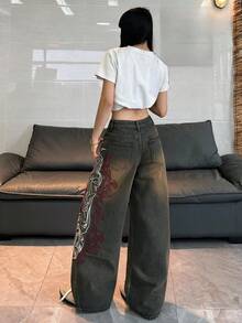 1件女款寬鬆刺繡寬腿牛仔褲，舒適休閒高街百搭丹寧長褲（不含腰帶/配件）春秋款 - 藍色 - 查看 8