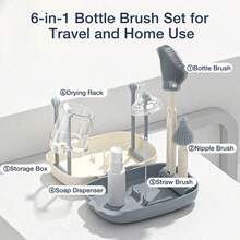 6-In-1 Baby Bottle Cleaning Set, Nipple Brush, Straw Brush, Bottle Drying Rack, Multi-Functional Portable Lightweight Easy Storage Bottle Cleaning Tools, Travel Baby Bottle Cleaning Set - Multicolor - View 6