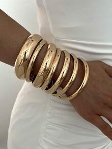7pcs Multi-Layer Stackable Fashion Minimalist Elegant Exquisite Vintage Design Metal Polished Plain Geometric Round Chunky Bangle Bracelet Set, Holiday Vacation Party Date Gift, Daily Commute Wear, Personalized - Yellow Gold - View 2