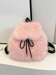 Luxury Soft Plush Women's Backpack Winter Solid Color Furry Shoulder Handbag Fashion Ladies Schoolbag For Females - Pink - View 2