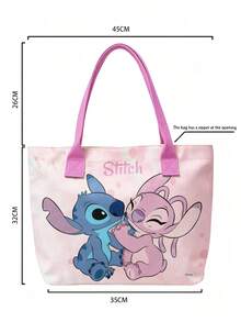 Miniso Disney Stitch & Angel Pink Tie-Dye Canvas Tote Bag, Casual Shoulder Bag With Handle, Suitable For Daily Use - Pink - View 6