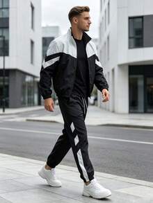 1 Set Men's Spring/Autumn Colorblock Sports Outfit, Stand Collar Zip-Up Jacket & Side Stripe Joggers, 2-Piece Urban Commute Casual Set - Black and White - View 3