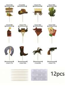 12pcs Vintage Western Cowboy Cupcake Toppers, Wild West Style Cake Picks, Birthday Holiday Party Dessert Table Decoration - View 5