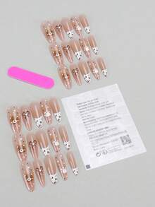 30片穿戴甲 長杏仁形 裸色漸層底色 棕熊印花 豹紋甲尖 蝴蝶結裝飾 含果凍膠與指甲锉 秋季美甲必備用品 - 彩色 - 查看 2