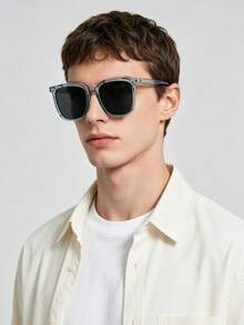 1 PC Men's Square Fashion Glasses Lightweight Solid Color PC Frame Gray Lens Casual Versatile For Street Outdoor Daily Occasions With Glasses Box - Multicolor - View 2