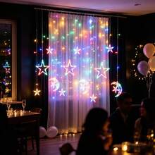 1 buah Lampu Tirai Peri LED Bintang dan Bulan Putih Hangat dengan Dekorasi Gantung Bercahaya, Cocok untuk Karnaval, Pernikahan, Pesta, dan Acara Keluarga - Lampu Tirai Bulan Merangkul Bintang - Bintang Besar - View 2