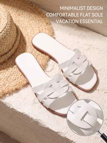 White Cutout Interwoven Slide Sandals For Women, Chic Square Open Toe Flat Slippers, Summer Beach Vacation Daily Casual Footwear - White - View 7