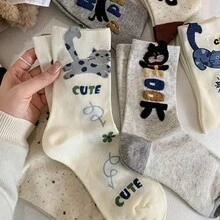 1/4/8 Pairs - Cartoon Cat Mid-Calf Socks For Women - Spring/Autumn Style With Cute Lettering - Ins-Style Versatile Socks - Multicolor - View 5