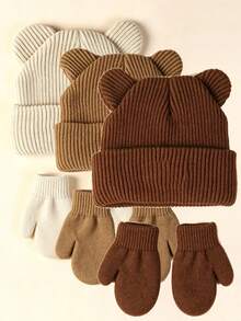 1 Set Unisex Toddler/Baby Knitted Hat + Gloves, Versatile Bear Design Cartoon Hat & Warm Gloves 2 Pieces Set - Set - View 18