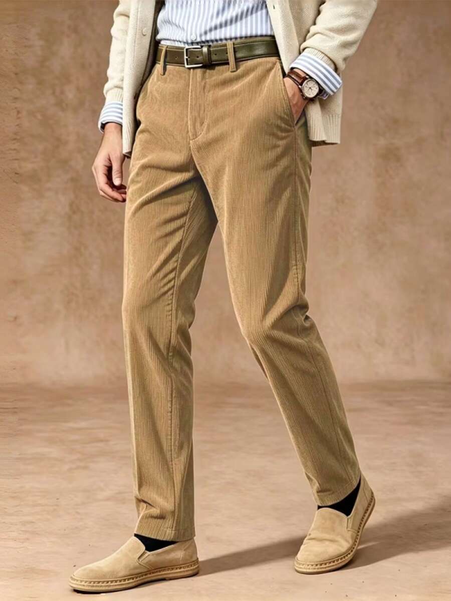 Men's Vintage Corduroy Suit Pants, Old Money Style Casual Trousers, Suitable For Workplace And Street Wear - Khaki - View 1