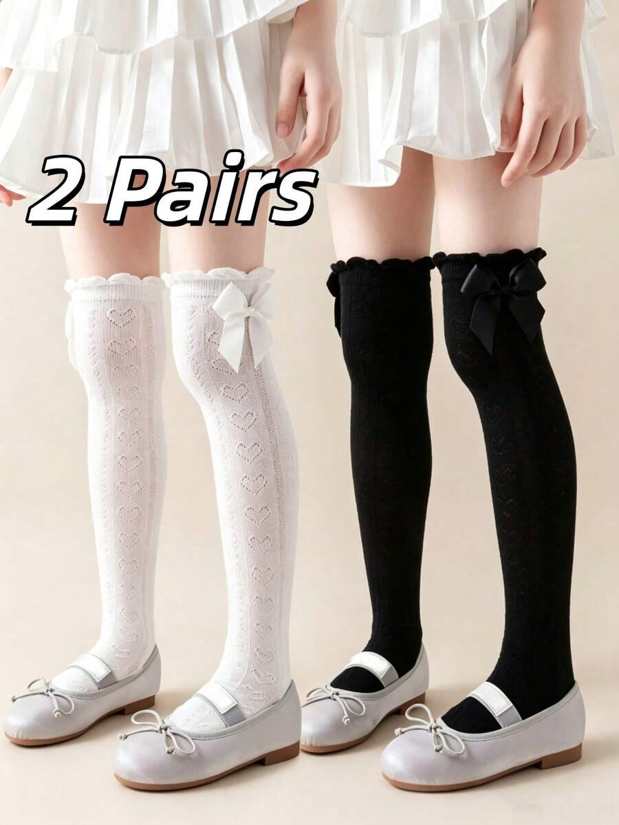 2雙兒童襪，大蝴蝶結裝飾，3D花朵與泡泡飾邊，長直筒