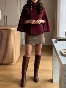 Women's High Neck Gold Button Cape Coat, Elegant Solid Color Short Cape Jacket, Casual Fashion Daily Outerwear - Burgundy - View 3