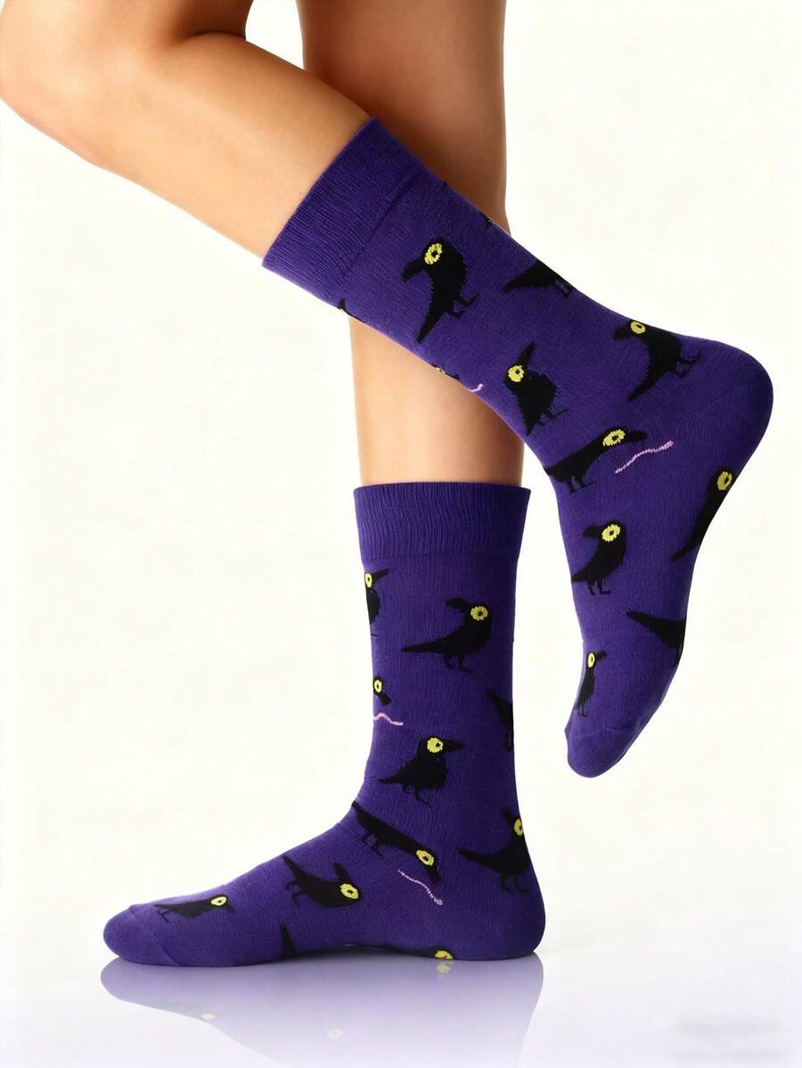 1 Pair Purple Crow Cartoon Jacquard Women's Mid-Calf Socks, Personalized Dark Style Fun Mid-Calf Socks, Halloween Outfit Socks - Multicolor - View 1