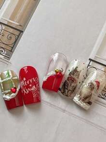 1 Sheet Flat Christmas Nail Stickers, Cute Realistic Cat & Dog Santa Hat Pattern Self-Adhesive Nail Art Decorations - Multicolor - View 6