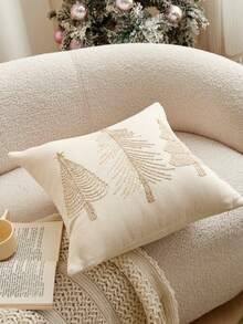 1Pc Corded Embroidery Christmas Tree Pillow Case, Chenille Decorative Cushion Cover With Hidden Zipper, Sofa Home Christmas Decor, Pillow Insert Not Included - Beige - View 4
