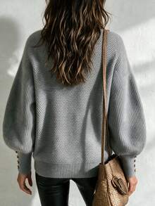 Women's Fall Winter Heather Gray Waffle Knit Mock Turtleneck Lantern Sleeve Pearl Button Cuff Oversized Sweater, Elegant Casual Daily Office Wear - Grey - View 6