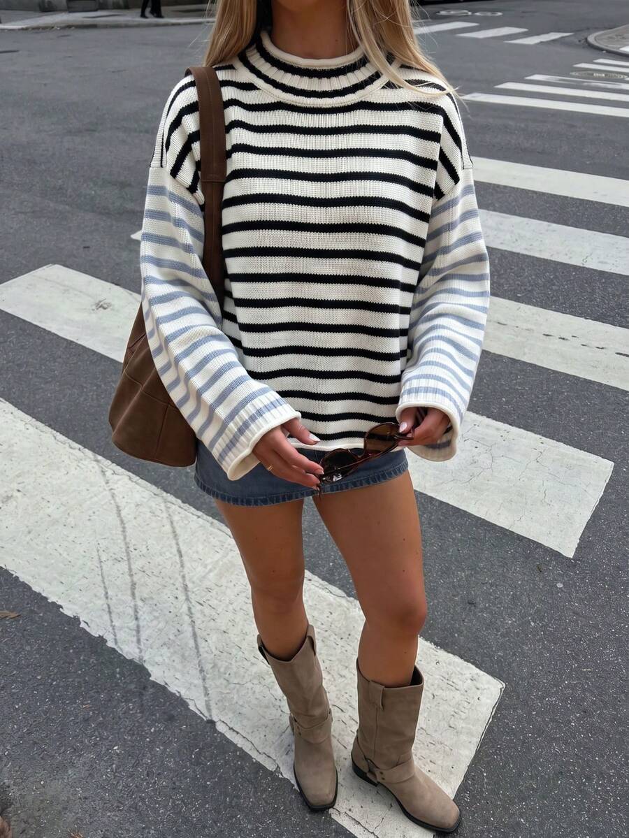 Joy Knit Women's Sweater Autumn/Winter Fashion New Style - Minimalist Casual Versatile Home Daily Outing Outfit - Round Neck Retro Striped Color Block Loose Sleeve Knit Pullover Sweater Long Sleeve - Office Outfits For Women - Going Out Tops - Party - White - View 1