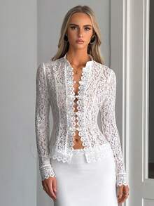 Women's Stand Collar Lace Blouse, Frog Button Long Sleeve Sheer Fitted Crochet Lace Top, Casual Outing Top - Apricot - View 6