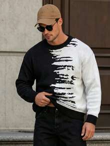 Men's Fashion Casual Versatile Colorblock Crew Neck Long Sleeve Loose Ribbed Knit Sweater, Daily Home Commute Outerwear Top, Autumn/Winter - Black - View 1