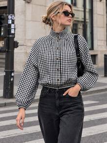 Plaid Pattern Single-Breasted Button Thin Jacket, Elegant Long Sleeve Stand Collar Blazer, Suitable For Spring And Autumn, Women's New Casual Commute Daily Wear - Black and White Checkered - View 6