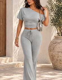 Women's Gray One-Shoulder Short Sleeve Fitted Cropped Top With Drawstring Flare Pants 2 Pieces Set, Casual Minimalist Sexy Hot Girl Style - Flecking Gray - View 1