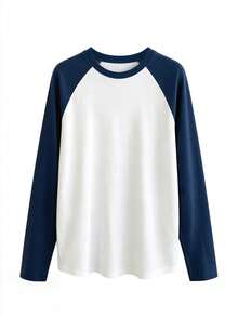 Plus Size Colorblock Raglan Long Sleeve Crew Neck T-Shirt, Casual Collegiate Style Baseball Shirt, Suitable For Daily Wear - Navy Blue - View 8