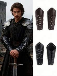 1 Pair Medieval Leather Bracers Men Women Universal Retro PU Leather Viking Warrior Armor Rivet Buckle Strap Design Halloween LARP Cosplay Props - Multicolor - View 1