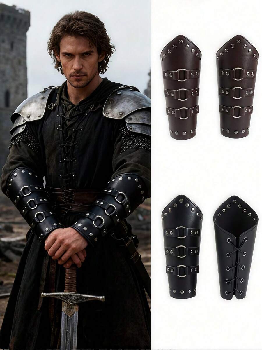 1 Pair Medieval Leather Bracers Men Women Universal Retro PU Leather Viking Warrior Armor Rivet Buckle Strap Design Halloween LARP Cosplay Props - Multicolor - View 1