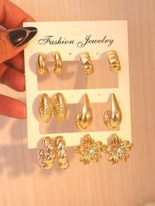 2-12pcs/Set, Multi-Style Personalized Gold Multi-Element Earring Set, Suitable For Daily Wear, Party, Gift - Gold - View 7
