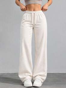 Women High Waist Wide Leg Pants Loose Fit Casual Trousers With Drawstring Waist Solid Color Pants For Everyday Outfit. - White - View 9
