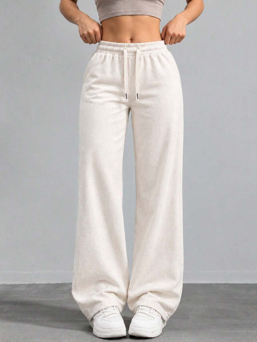 Women High Waist Wide Leg Pants Loose Fit Casual Trousers With Drawstring Waist Solid Color Pants For Everyday Outfit. - White - View 1