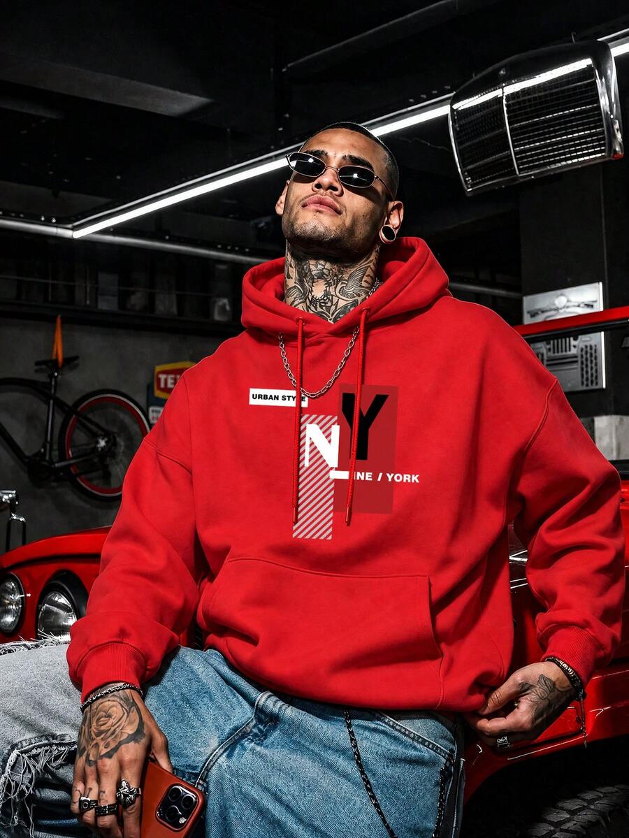 DOPE | Sweatshirt Hoodie Pria Warna Cerah, Desain Cetak Huruf di Dada, Pullover Kasual Serbaguna - Merah - View 1