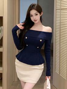 2026 Double-Row Gold Button Off-Shoulder Ribbed Knit Top, Fold-Over Off-Shoulder Slim Fit Long Sleeve, Ruffle Fish Tail Hem Waist-Cinching Cropped Base Layer, Commuter Sexy Aesthetic Elastic Knit Sweater - Royal Blue - View 4