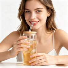 Premium Transparent Cola Glass Cup With Glass Curved Straw, Large Capacity Suitable For Coffee, Milk Tea, Juice, Cold Drinks, Home Daily Use, Party Gathering, Minimalist Ins Style, Easily Create Atmosphere Drinks - Clear - View 3