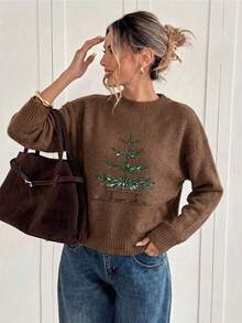 Women's Plus Size Long Sleeve Pullover Sweater, Vintage Hand-Painted Sleigh & Christmas Tree Print, Loose Casual Top, Suitable For Autumn/Winter - Dark Ochre - View 6