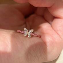 French Elegant Sparkling Red Zirconia Inlaid 18K Gold Plated Sweet Versatile Butterfly Open Ring - Red - View 3