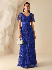 XUCTHHC Elegant V-Neck Butterfly Sleeve High-Quality Sequin A-Line Deep Blue Party Evening Gown, Formal Ball Dress, Wedding Guest, Holiday, Autumn/Winter - Royal Blue - View 4