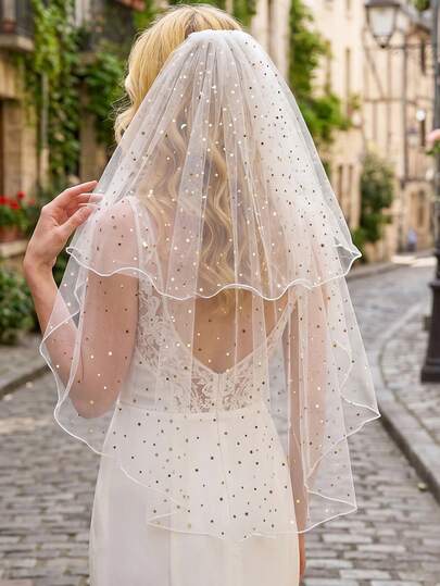 1 pieza Velo de novia de tul duro de dos capas con lentejuelas en forma de estrella, tocado para boda, despedida de soltera y sesión de fotos de registro