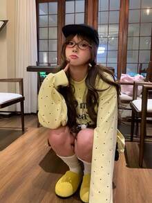 Polka Dot All-Over Print Puppy Crew Neck Sweatshirt Women Korean Style College Loose Versatile Chic Lazy Top - Yellow - View 5