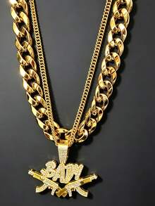 2pcs/Set Letter BABY Machine Gun Shaped Hip Hop Punk Necklace Exaggerated Men's Gold Chain Set, Vintage Punk Style, Suitable For Party, Gathering, Halloween, COS - Gold - View 6