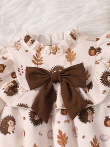 Gaun Anak Perempuan Bergaya Pastoral dengan Motif Landak dan Daun, Kerah Berkerut, Pita Besar, Lengan Panjang, Lengan Mengembang Kasual, Potongan Longgar - Coklat - View 7